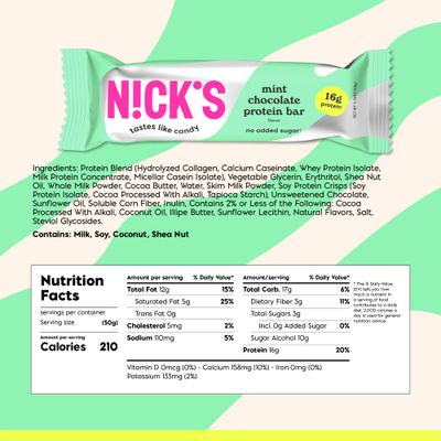 NICK S Mint Chocolate Protein Bars - 16g Protein, No Added Sugar, Low Carb, Keto Friendly Snack - 210 Calories per Bar - 12-Pack (50g Each)