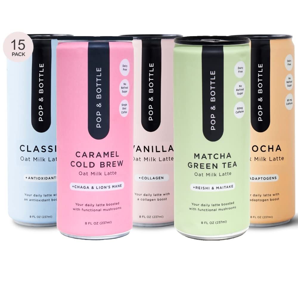 Pop Bottle, Oat Milk Lattes - Maca, Antioxidants, Ashwagandha, MCT Oil, Collagen, Mushrooms, Organic, Dairy Gluten Free, Great as Iced Coffee, Lightly Sweetened with Dates - 8 Fl Oz (15 Pack)