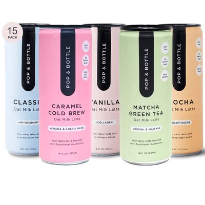 Pop Bottle, Oat Milk Lattes - Maca, Antioxidants, Ashwagandha, MCT Oil, Collagen, Mushrooms, Organic, Dairy Gluten Free, Great as Iced Coffee, Lightly Sweetened with Dates - 8 Fl Oz (15 Pack)