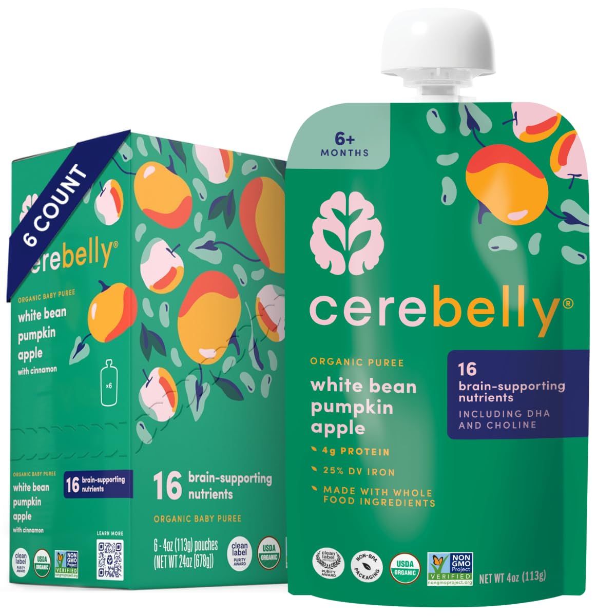 Cerebelly Organic Baby Food Pouches - Organic Veggie Purees for Toddlers No Added Sugar, Fiber, Non-GMO Blended Toddler Pouches 4 Ounce BPA-Free Pouch White Bean Pumpkin Apple 6 Count