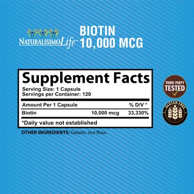 Biotin 10,000 mcg High Potency - Natural Hair, Skin, Nail Metabolism 120 Capsules