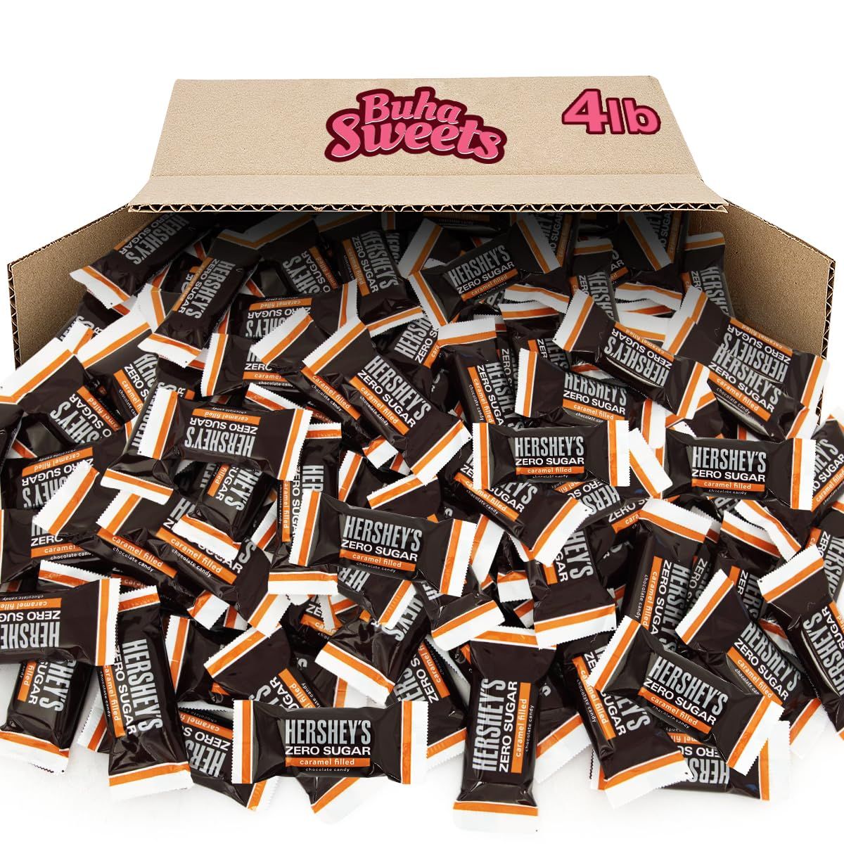 Hershey Zero Sugar Caramel Filled Chocolate Candy 4 Pound Approx 200 Pieces - Individuuly Wrapped Sugar Free candy Bars For Parties, Snacks Treats