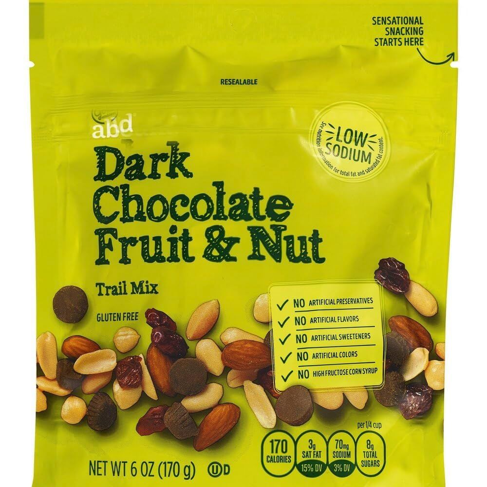 Fruit Nut Gold Abound Emblem Trail Mix - Dark Chocolate, Almonds, Peanuts, Dried Cranberries, Cashews, Hazelnuts, Cherries (1, 6oz Bag) Snack Snacking Sweet Treat Food