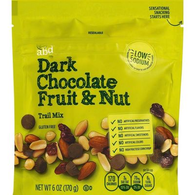 Fruit Nut Gold Abound Emblem Trail Mix - Dark Chocolate, Almonds, Peanuts, Dried Cranberries, Cashews, Hazelnuts, Cherries (1, 6oz Bag) Snack Snacking Sweet Treat Food