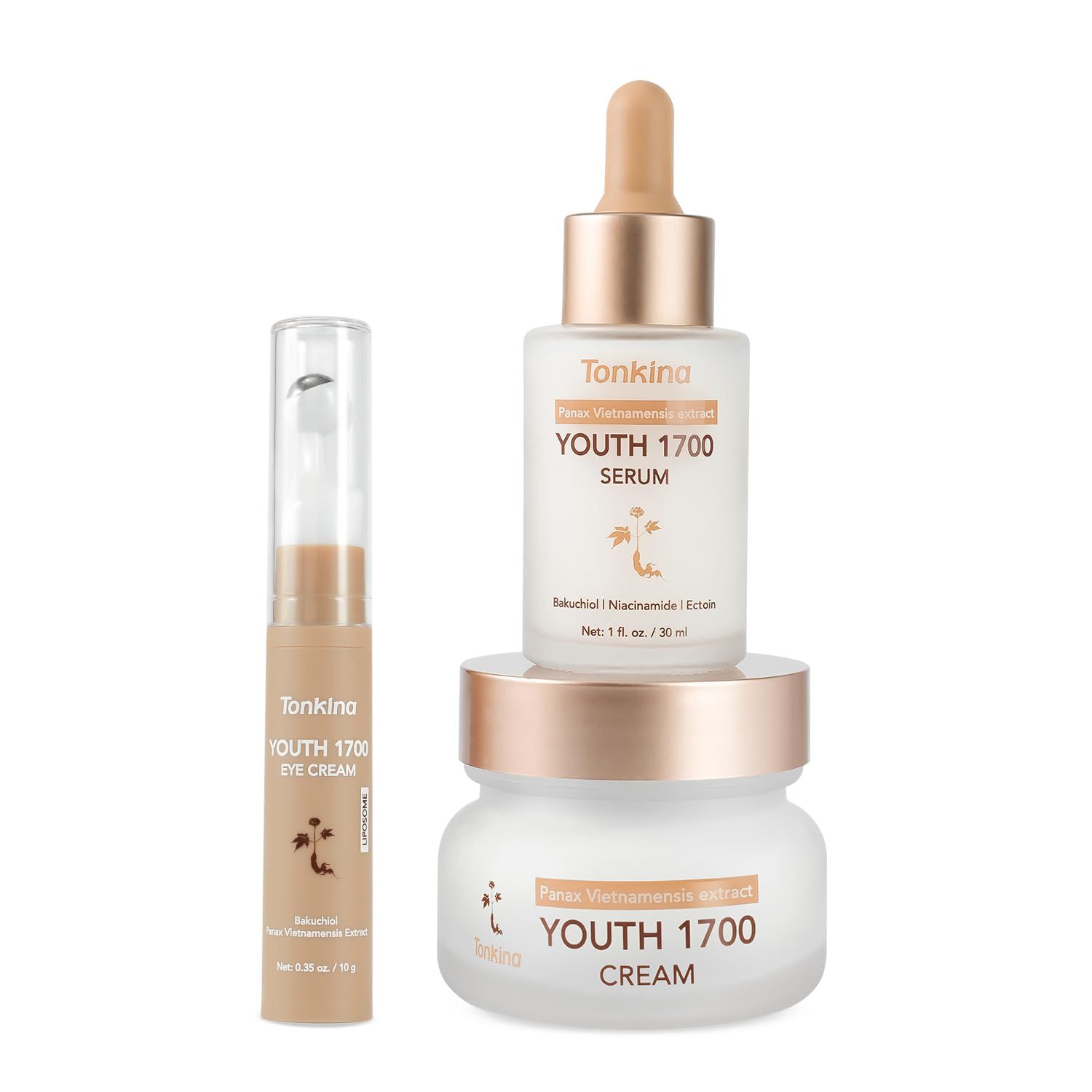 Tonkina Youth 1700 Essential Trio Set, Vietnamese Ginseng Anti-Aging Skin Care Kit - Skin Firming Moisturizing, For All Skin Types