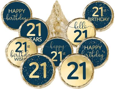 21st Birthday Party Favor Stickers - 180 Navy Blue and Gold Foil Labels for Chocolate Kisses - Candy Decorations for 21st Birthday Celebration