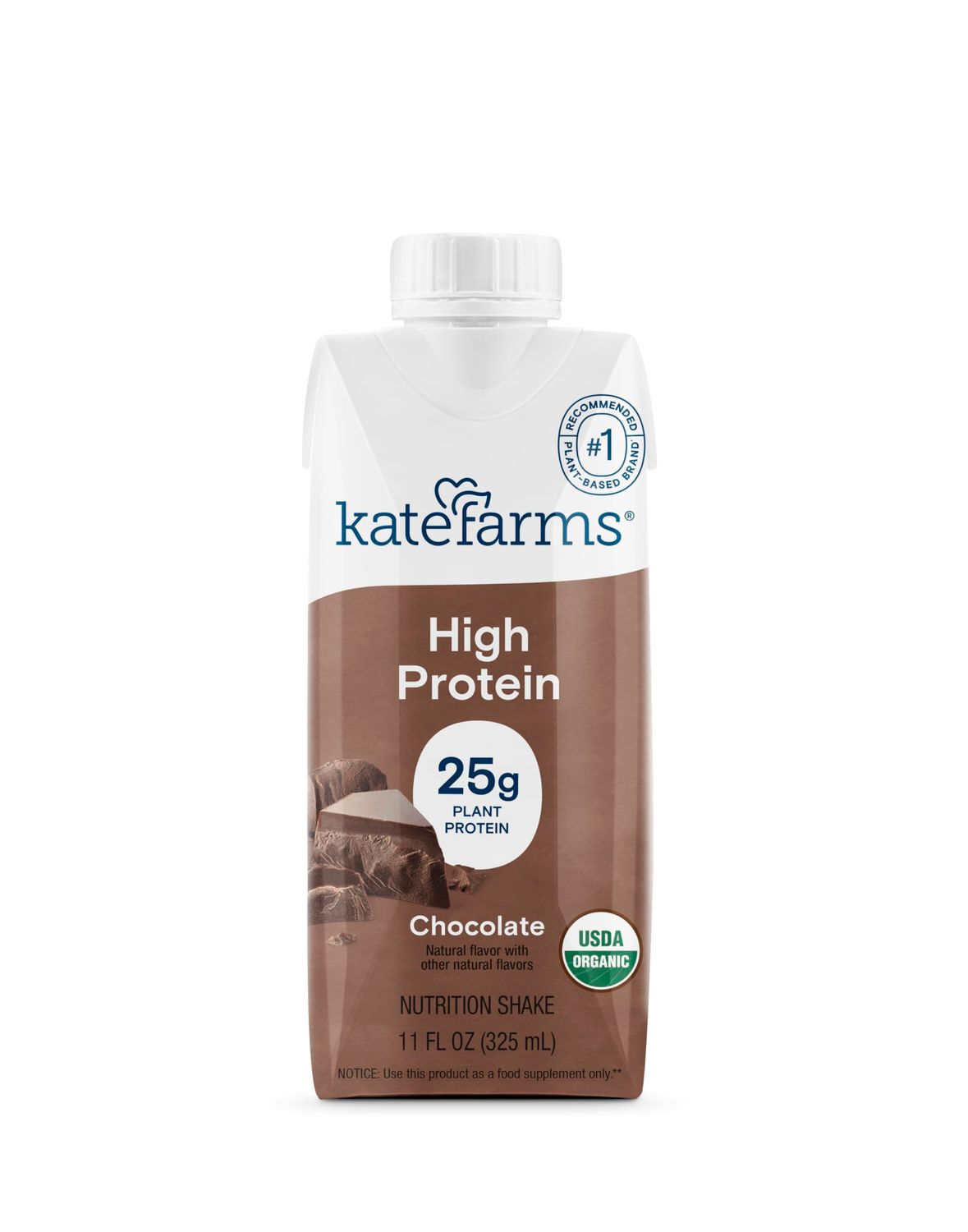 KATE FARMS Organic High Protein Chocolate Nutrition Shake, 25g Protein, 6g Fiber, 27 Vitamins and Minerals, 0g Sugar, Protein Drink, 11 oz (12 Pack)