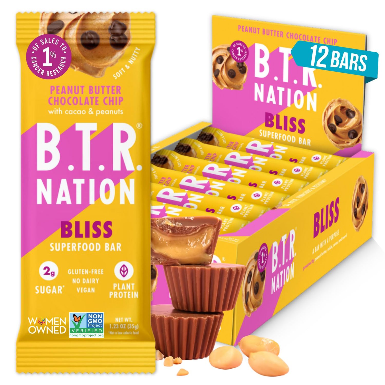 B.T.R Nation Vegan Keto Superfood Protein Bars - Peanut Butter Chocolate Chip BLISS 12 Bars Low Carb, Plant Based, Gluten Free Free of Sugar Alcohols Boosted with Powerful Superfoods!