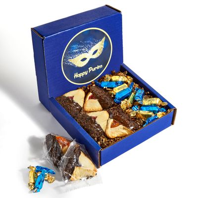 Hamentaschen Cookies Mishloach Manot, Purim Gift Idea Chocolate Dipped Shortbread Cookies Filled with Apricot and Raspberry Jam Individually Wrapped Candy Included Kosher Nut Free Stern s Bakery