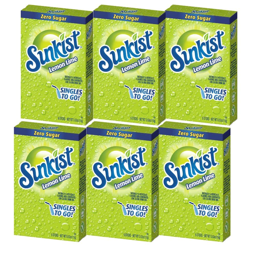 Sunkist Singles-To-Go Drink Mix, Lemon-Lime, Non-Carbonated, Low-Calorie, Zero Sugar, 6 CT in each box (Pack of 6)