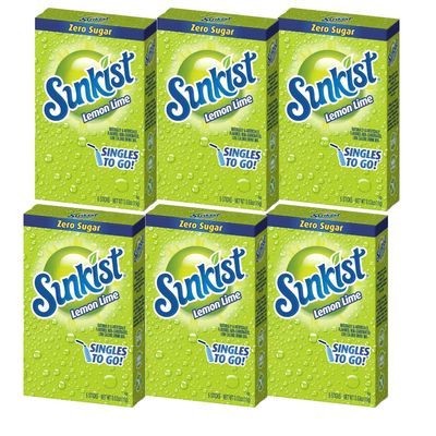Sunkist Singles-To-Go Drink Mix, Lemon-Lime, Non-Carbonated, Low-Calorie, Zero Sugar, 6 CT in each box (Pack of 6)
