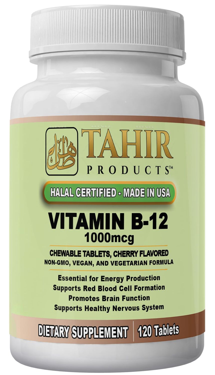 Tahir Halal Vitamin B12 1000mcg: Boosts Energy, Metabolism Nervous System Health. Vegan Vegetarian, Dairy-Free, 120 chewable Tablets. Made in USA - Certified Halal.