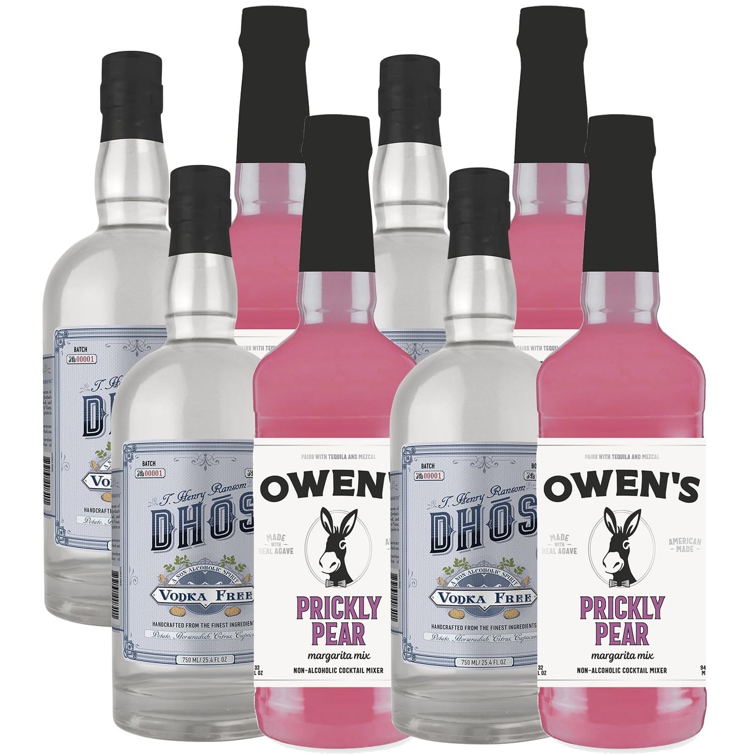 Dh s Handcrafted Non-Alcoholic Vodka 750 ML Bottles w Owen s Mixers Prickly Pear 32 OZ Bottles - Keto-Friendly, Zero Sugar, Zero Calories, Zero Proof - Perfect for Mocktails - Made in USA