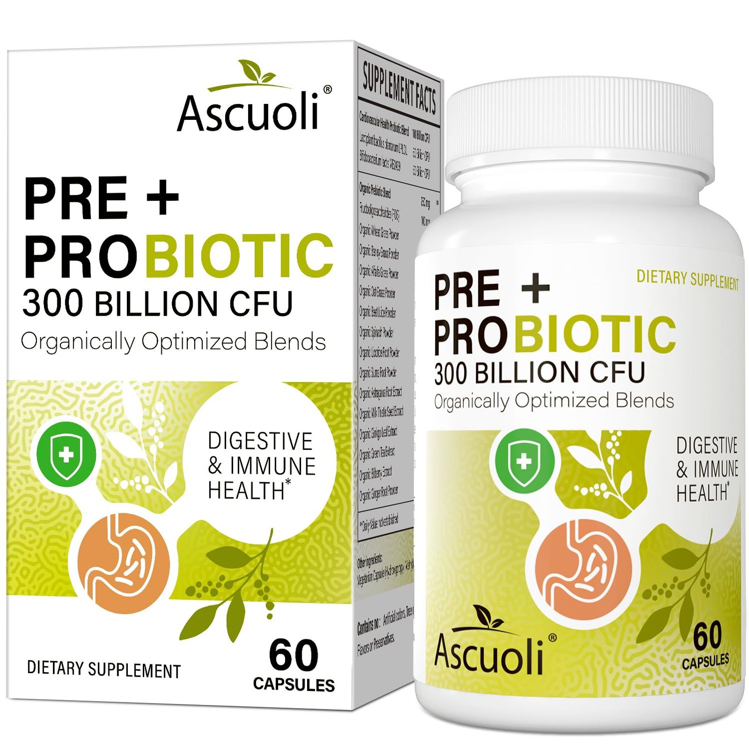 Ascuoli Probiotics for Women Men - 300 Billion CFU, 22 Strains Probiotics 15 Organic Herbs Blend, Daily Probiotics for Digestive Health, Immune, Gut, Bloating - 60 Capsule