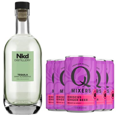 Nkd Distillery Tequila Alternative Premium Non-Alcoholic Spirit - Zero Alcohol - With Q Mixers Hibiscus Ginger Beer [ 5 Pack ]