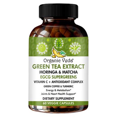 Organic Veda Green Tea Extract ECGC Capsules - Antioxidants Rich Matcha, Green Coffee Bean, Turmeric, Moringa, Vitamin C - Energy, Metabolism, Brain, Immune Heart Health Supplement - 60 Pills