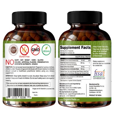 Organic Veda Green Tea Extract ECGC Capsules - Antioxidants Rich Matcha, Green Coffee Bean, Turmeric, Moringa, Vitamin C - Energy, Metabolism, Brain, Immune Heart Health Supplement - 60 Pills