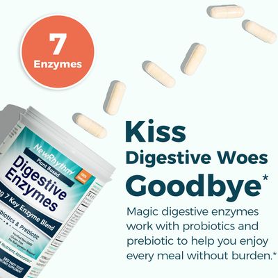 NewRhythm Digestive Enzymes 245 mg, with Probiotics and Prebiotics, Plant Based, 7 Key Enzymes, Digestion, Nutrient Absorption, Protease Amylase Lipase, 60 Vegan Capsules