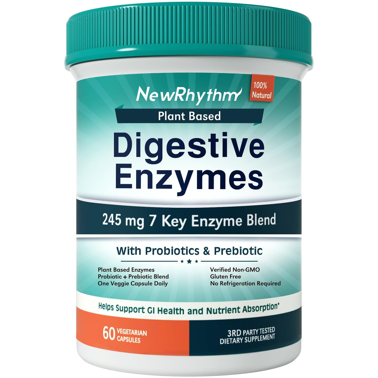 NewRhythm Digestive Enzymes 245 mg, with Probiotics and Prebiotics, Plant Based, 7 Key Enzymes, Digestion, Nutrient Absorption, Protease Amylase Lipase, 60 Vegan Capsules