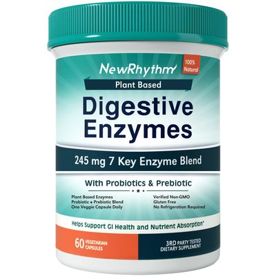 NewRhythm Digestive Enzymes 245 mg, with Probiotics and Prebiotics, Plant Based, 7 Key Enzymes, Digestion, Nutrient Absorption, Protease Amylase Lipase, 60 Vegan Capsules