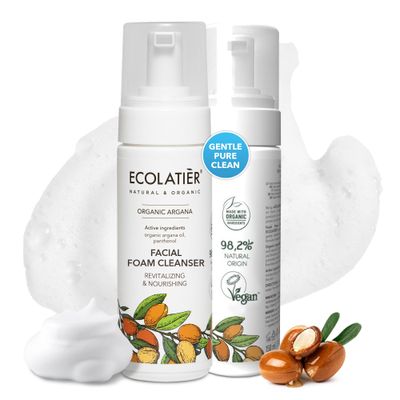 Foaming Facial Cleanser with Organic Argan Oil - 98.6 Natural, Vegan, Revitalizing Nourishing Organic Argana, Anti-Aging, Removes Impurities, 5.1 Fl Oz - ECOLATIER