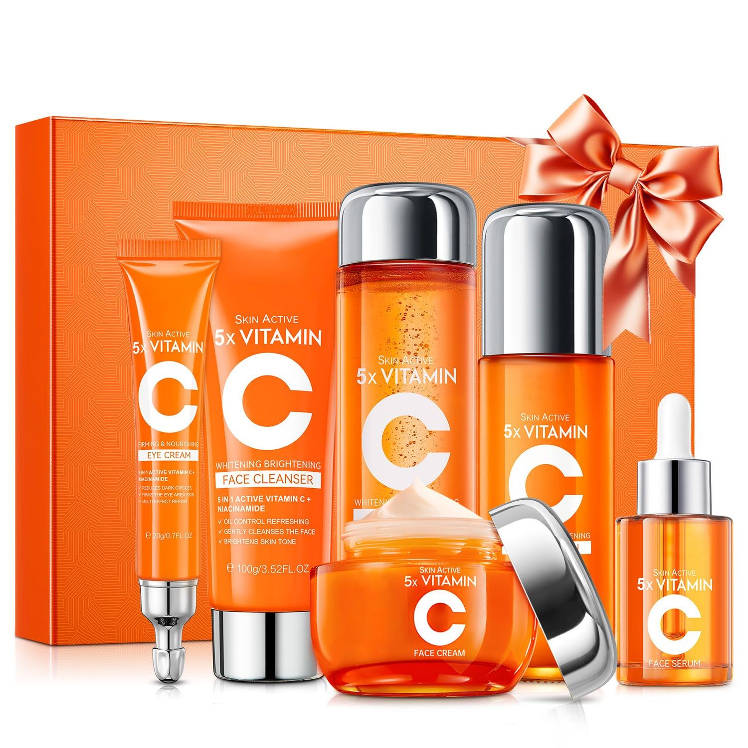 Vitamin C Skincare Set, 6-In-1 Skincare Gift Set With Facial Cleanser, Toner, Eye Cream, Serum, Lotion Face Cream, Moisturizing Face Skin Care Kit for Anti-Aging, Anti-Wrinkle