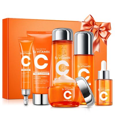 Vitamin C Skincare Set, 6-In-1 Skincare Gift Set With Facial Cleanser, Toner, Eye Cream, Serum, Lotion Face Cream, Moisturizing Face Skin Care Kit for Anti-Aging, Anti-Wrinkle