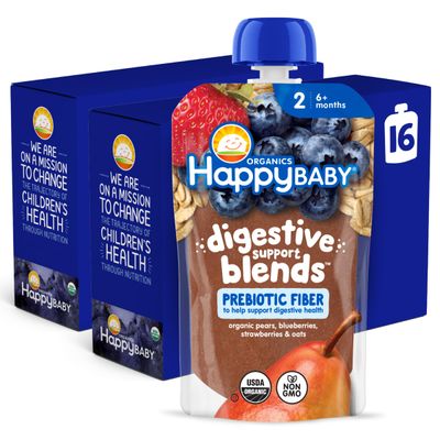 Happy Baby Digestive Support Blends, Organic Stage 2 Baby Food with Prebiotic Fiber, Pear, Blueberries, Strawberries Oats, 4 Ounce Pouch (Pack of 16)