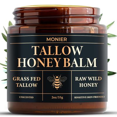MONIER Tallow and Honey Balm for Face, Beef Tallow for Skin, Moisturizer with 100 Organic Grass-Fed Beef Tallow Raw Wild Honey - Natural Formula for Dry Sensitive Skin (Unscented)