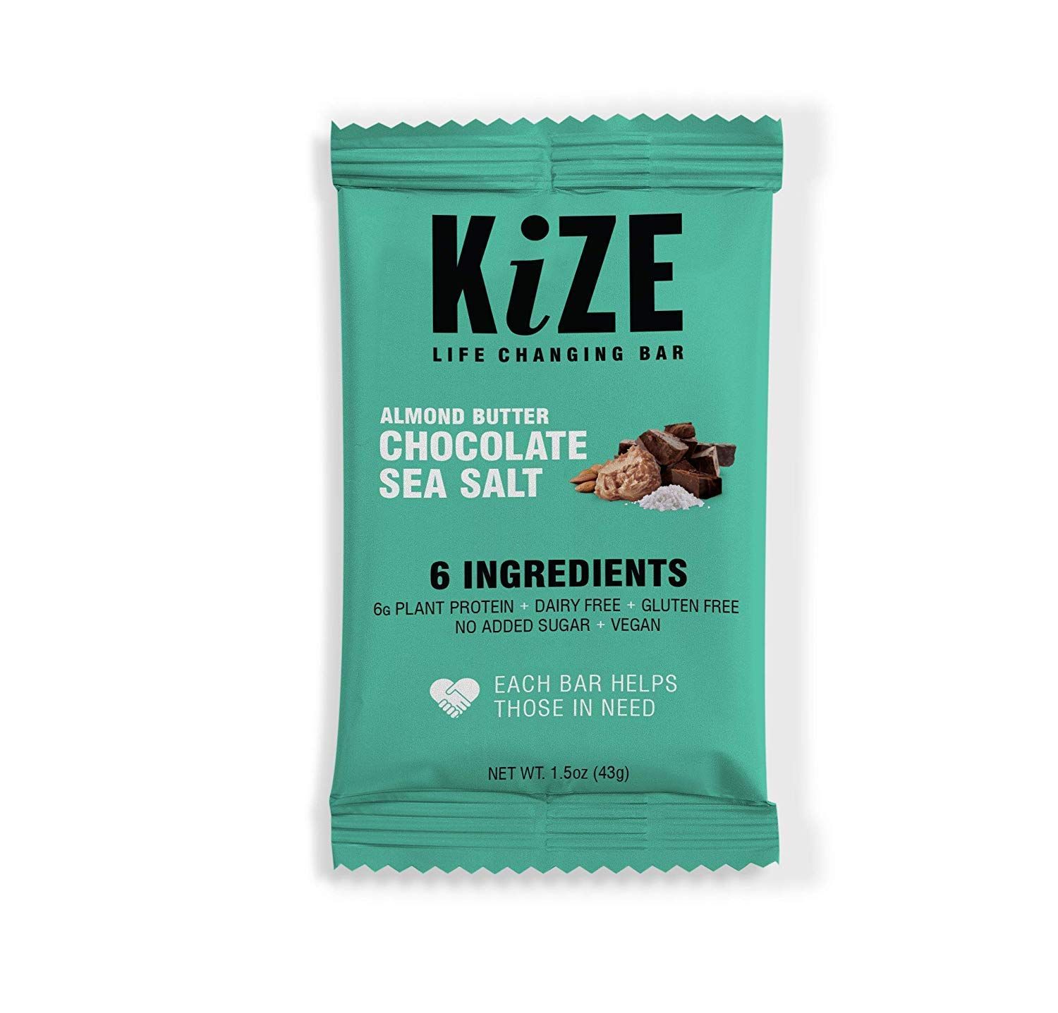 KiZE Bar, Vegan Almond Butter Chocolate Sea Salt, 6g Vegan Plant Protein, Dairy Free, Gluten Free, No Added Sugar, Simple Ingredient, 10 count