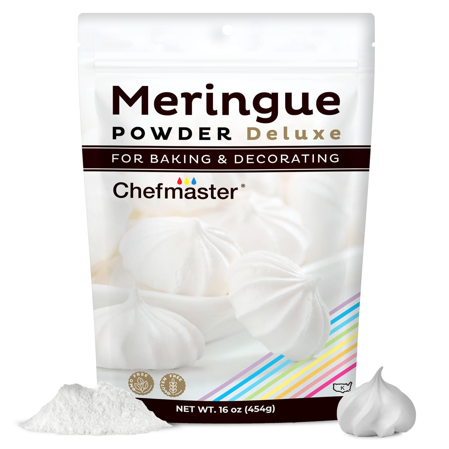 Chefmaster Meringue Powder Deluxe, Professional-Grade Egg White Substitute for Meringue Cookies, Pie Filling, Royal Icing, Non-GMO, Easy-to-Use, Made in USA, 16 oz
