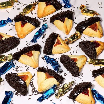 Hamentaschen Cookies Mishloach Manot, Purim Gift Idea Chocolate Dipped Shortbread Cookies Filled with Apricot and Raspberry Jam Individually Wrapped Candy Included Kosher Nut Free Stern s Bakery