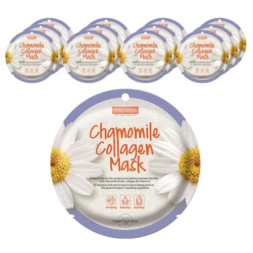 Purederm Chamomile Collagen Mask (12 Pack) - Chamomile extracts, Collagen, and Vitamin E to Help Purify and Soothe the Skin