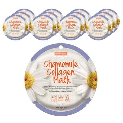 Purederm Chamomile Collagen Mask (12 Pack) - Chamomile extracts, Collagen, and Vitamin E to Help Purify and Soothe the Skin