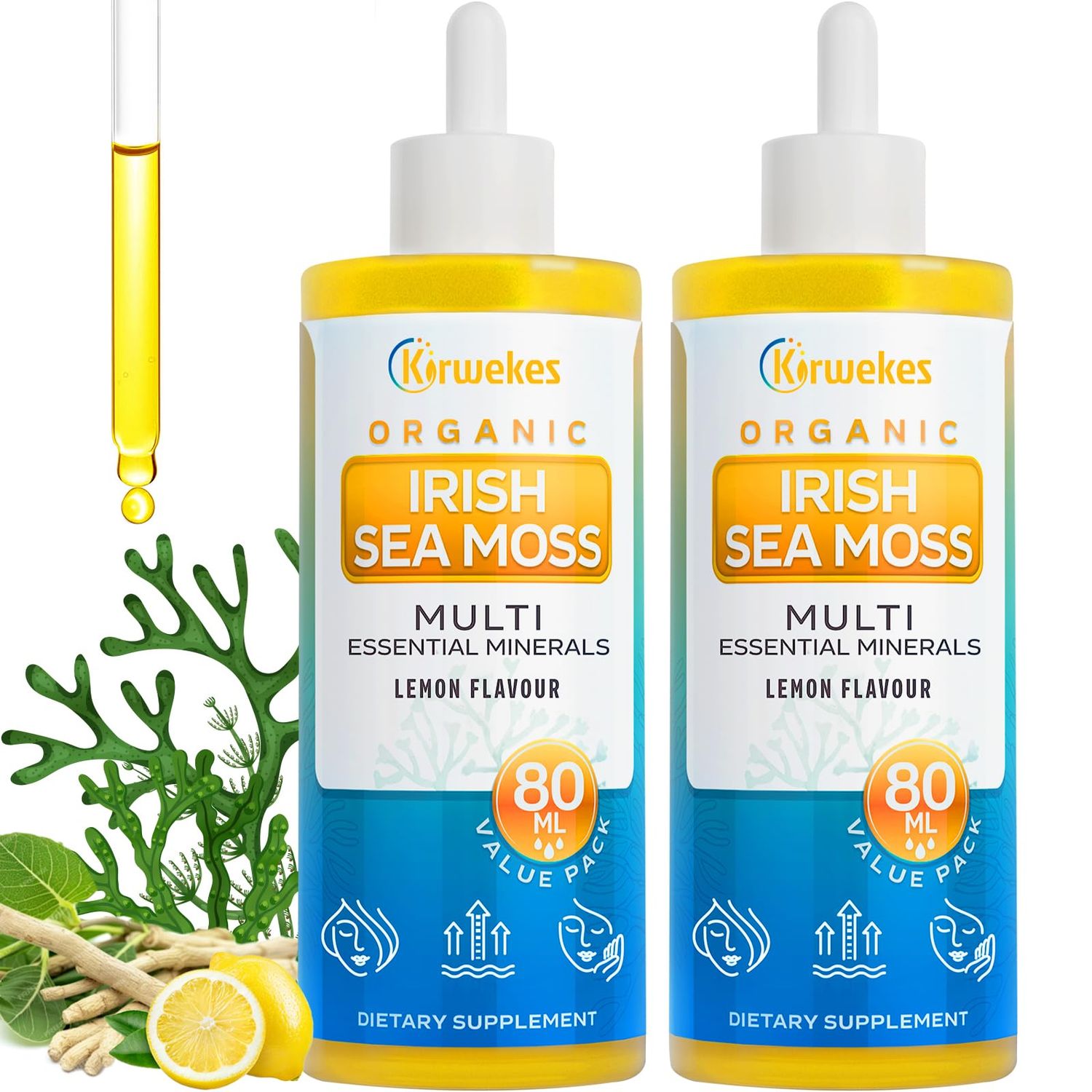 Kirwekes Sea Moss Ashwagandha Root Drops - 10X Stronger Seamoss Ashwagandha for Women Men, Sea Moss Drops for Mood, Immunity, Digestive, Energy, Skin, Hair Joint Lemon Flavour - 160 Servings