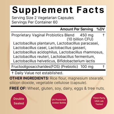 Vaginal Probiotics for Women, 10 Billion CFU Per Serving, 120 Veggie Capsules Lactobacillus Probiotic Blend with Prebiotics from FOS - Vaginal Health Supplement - Supports Odor, Flora pH Balance