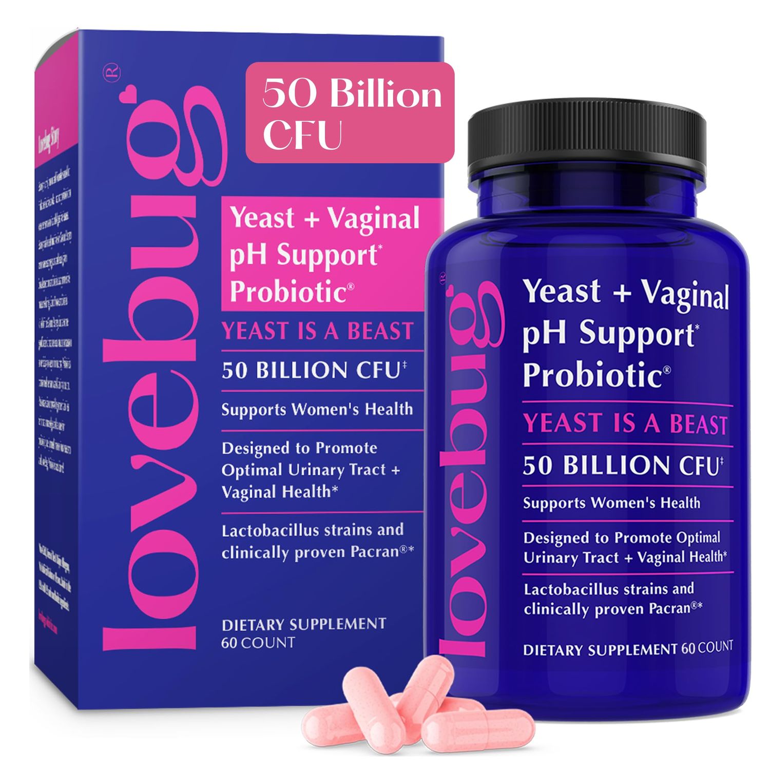 Lovebug Yeast Vaginal pH Support Clinically Studied Ingredients for Yeast UTIs Multi Strain 50 Billion CFU 60 Capsules