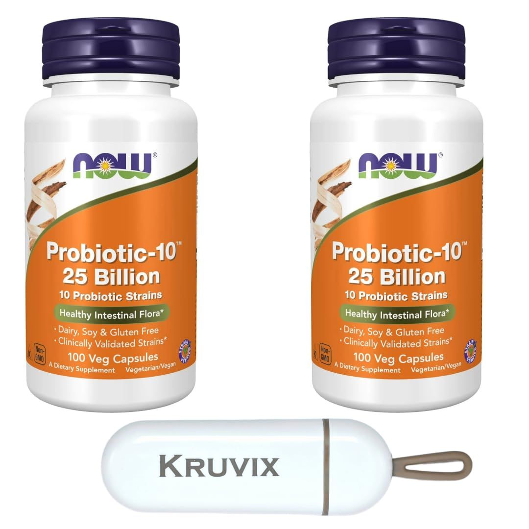 NOW Foods Supplements, Probiotic-10 25 Billion, with 10 Probiotic Strains Dairy, Soy and Gluten Free, Strain Verified 100 Veg Capsules - Pack of 2 with Pill Organizer