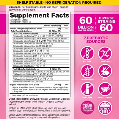 Vital Planet - Vital Flora Women s Daily Probiotic 60 Billion CFU, Diverse Strains, Organic Prebiotics, Vaginal and Immune Support, Shelf Stable Digestive Health Probiotics for Women 60 Capsules