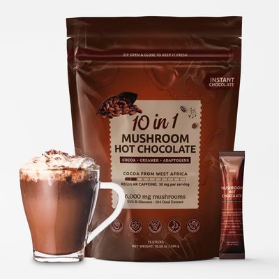 Mushroom Hot Chocolate - 10 Mushrooms Blend - Instant Hot Chocolate - Lion&#39;s Mane - Reishi - Chaga - Turkey Tail - Brazilian Dark Roast Coffee - 15 Sachets - Matcha DNA
