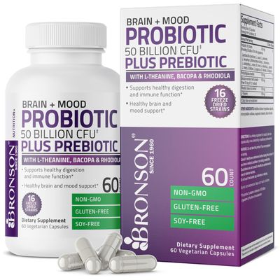 Bronson Brain Mood Probiotic 50 Billion CFU Plus Prebiotic with L-Theanine, Bacopa and Rhodiola Non-GMO, 60 Vegetarian Capsules