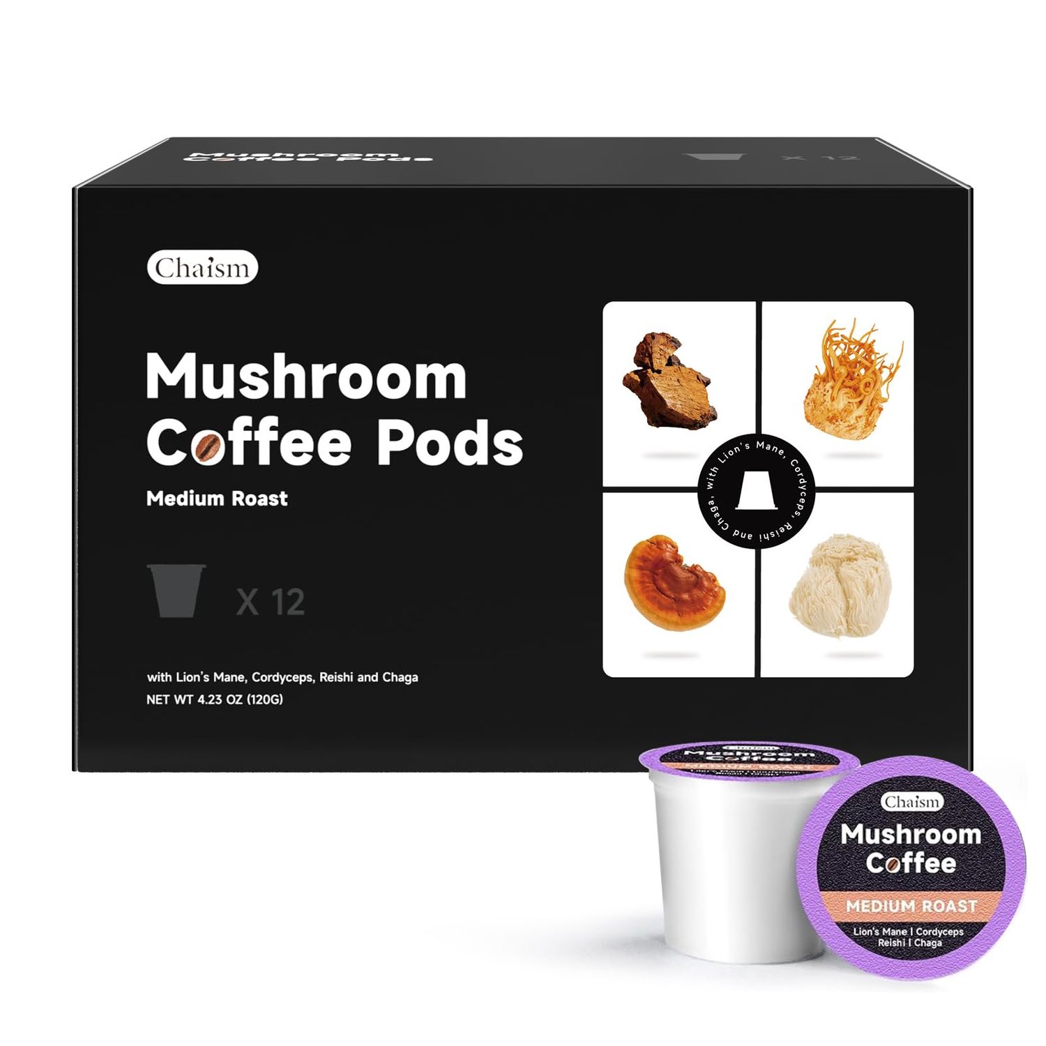 Chaism Mushroom Coffee Pods - Arabic Coffee with Lions Mane, Cordyceps, Reishi, Chaga for Focus Energy Boost, Sugar-Free, Fat-Free,12 K Cups (12 Counts, Medium Roast)