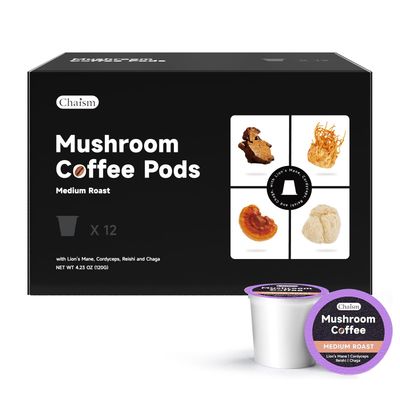Chaism Mushroom Coffee Pods - Arabic Coffee with Lions Mane, Cordyceps, Reishi, Chaga for Focus Energy Boost, Sugar-Free, Fat-Free,12 K Cups (12 Counts, Medium Roast)