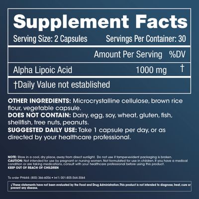 ProHealth Alpha Lipoic Acid High Potency 1000mg Promotes Metabolism, Younger Looking Skin, and Cellular Energy. Fights Fatigue and Brain Fog. Protects Heart, Brain, and Liver Health. 30 Servings.