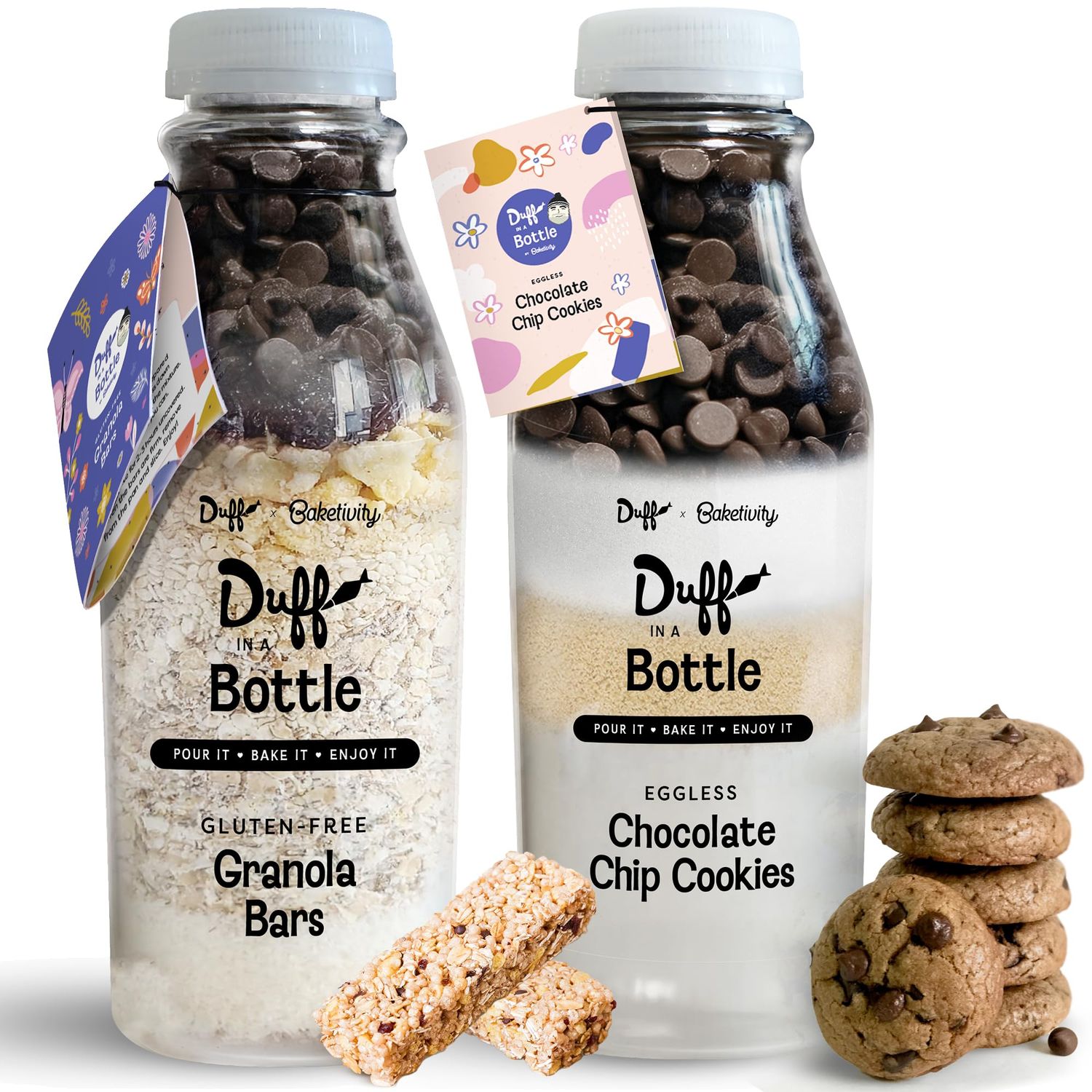 Baketivity Chocolate Chip Cookie Mix Granola Bar Mix - Duff in a Bottle Baking Kit for Kids and Adults Granola Mix and Cookie Mix for Baking with Premeasured Ingredients Step-By-Step Instructions