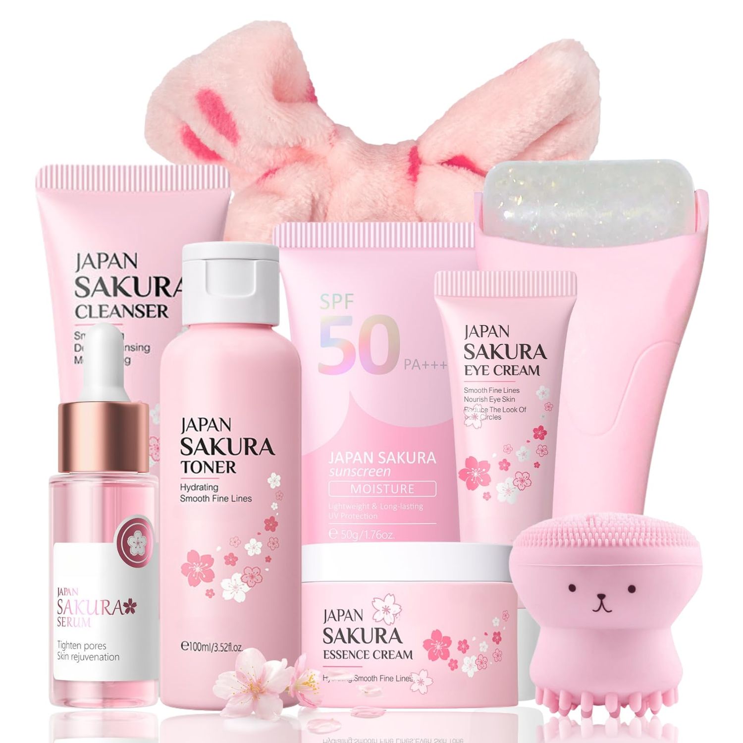9 Pcs Japan Sakura Skincare Set Teen Girls Mother&#39;s Day Gifts - Skin Care for Teens 10-12 - Japanese Skin Care Routine Kit for Women - Travel Size Face Care Set with Cleanser,Sunscreen,Headband,Roller