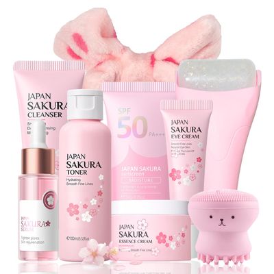 9 Pcs Japan Sakura Skincare Set Teen Girls Mother&#39;s Day Gifts - Skin Care for Teens 10-12 - Japanese Skin Care Routine Kit for Women - Travel Size Face Care Set with Cleanser,Sunscreen,Headband,Roller