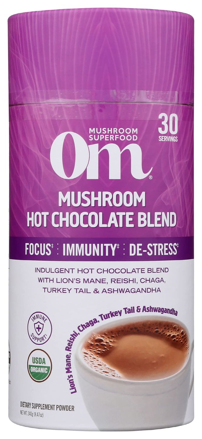 Om Mushroom Superfood Hot Chocolate Blend Mushroom Powder, Dutch Cocoa, 2g of Sugar, 25 Calories, Lion&#39;s Mane, Reishi, Chaga, Turkey Tail, Focus and Stress Support, 240g, 8.47 Oz