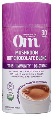 Om Mushroom Superfood Hot Chocolate Blend Mushroom Powder, Dutch Cocoa, 2g of Sugar, 25 Calories, Lion&#39;s Mane, Reishi, Chaga, Turkey Tail, Focus and Stress Support, 240g, 8.47 Oz