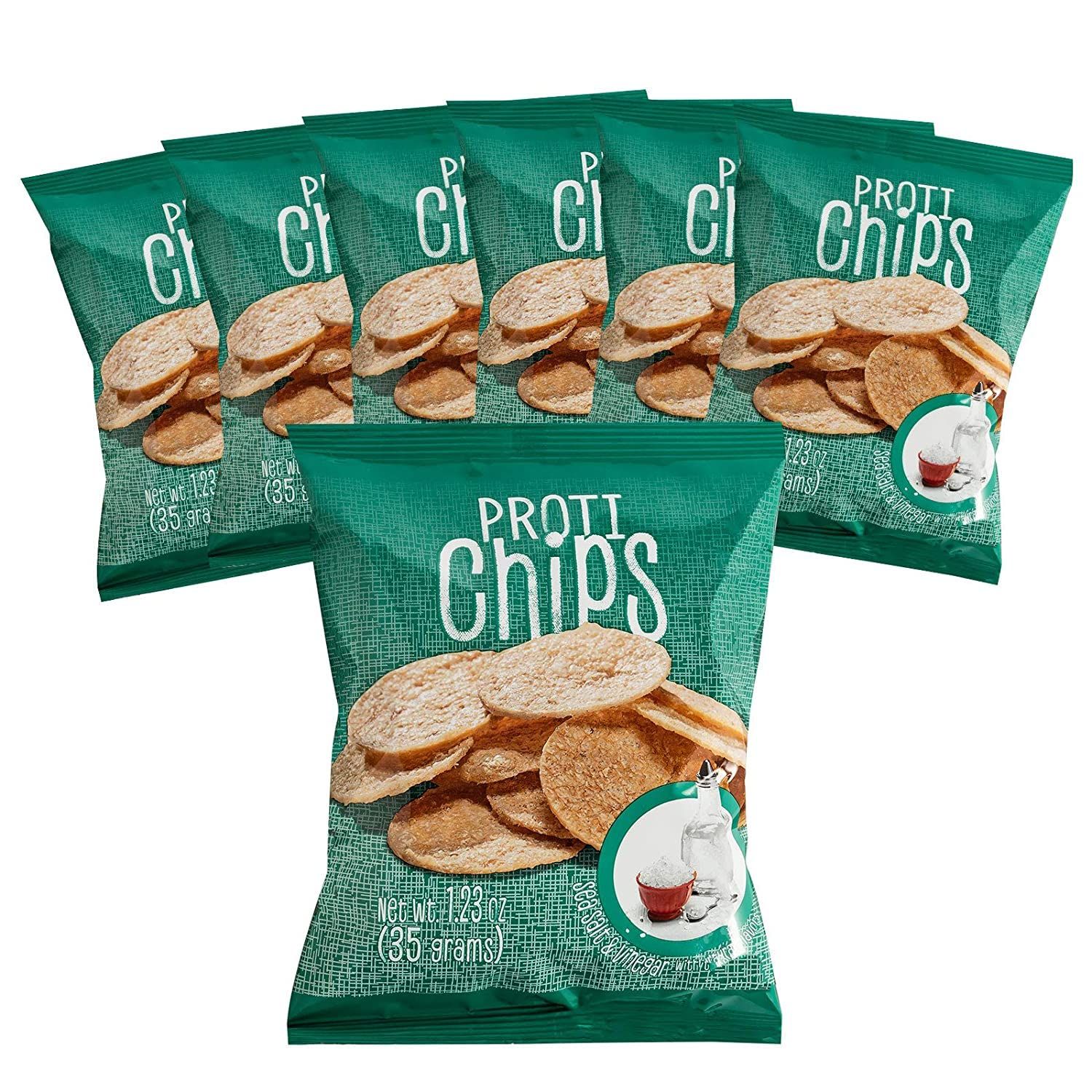 PROTIFIT - 7 Bag Pack High Protein Proti Chips, High Fiber, Low Calorie, Low Carb, Low Fat, Gluten Free, Ideal Protein Compatible, 7 Single Bag Servings (Sea Salt Vinegar)